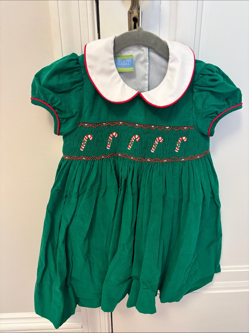 Velani Classics Green Holiday Smocked Dress with White Peter Pan Collar